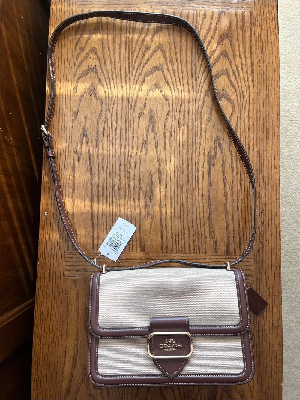 Coach Cream Canvas Crossbody with Brown Leather Trim and Gold Hardware